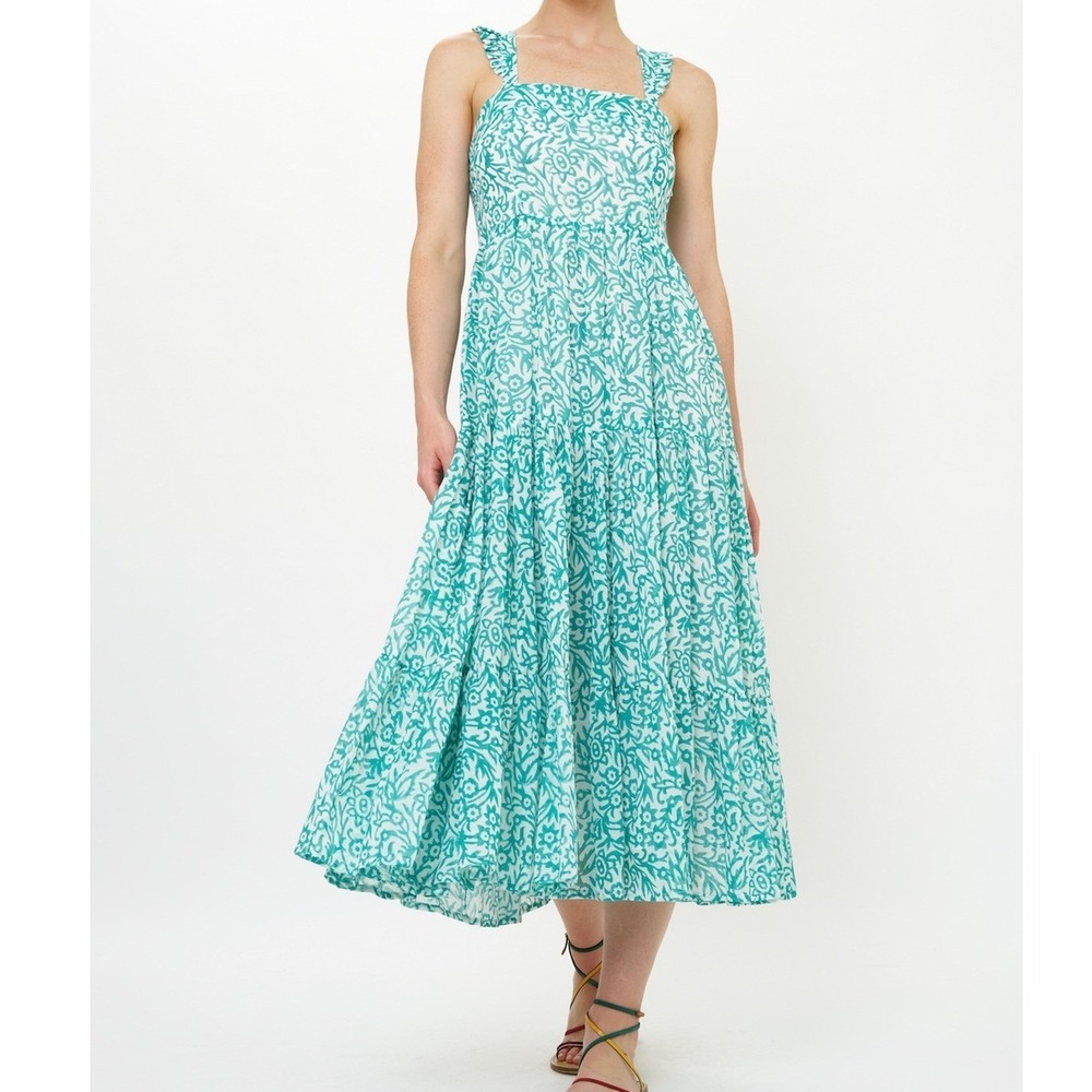 Oliphant Ruffle Cross Back Midi Dress‎ Cypress Jade Green Floral Cotton XS NEW